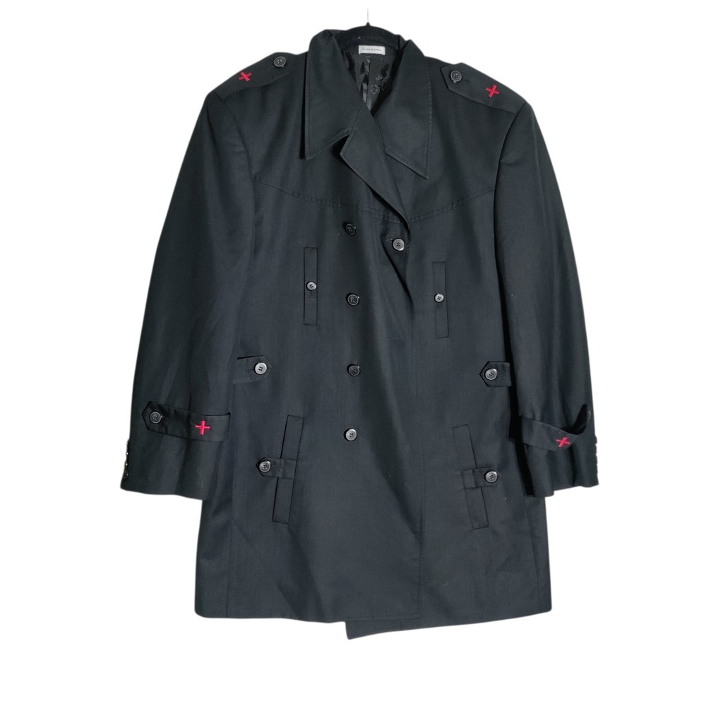 EJ Samuel Mens Black Double Breasted Trench Coat‎ Red Cross Embroidery 42R